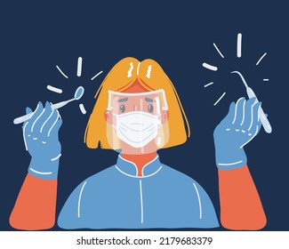 Cartoon vector illustration of dentist at work over dark backround