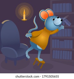 
Cartoon vector illustration depicting a cozy home library in a mouse hole. A mouse in a yellow sweater takes a book on the shelf in the warm candlelight