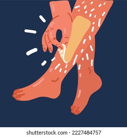 Cartoon vector illustration of depilatory wax to a young woman leg for hair removal. Depilation with wax or sugaring. Beauty concept over dark background