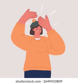 Ilustração do vetor de desenhos animados de Deprimida jovem frustrada que sofre de dor de cabeça, enxaqueca, tocando a cabeça com os olhos fechados, sentindo-se estressada, doente, cansada, pensando em más notícias, problemas