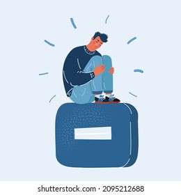 Dibujo vectorial de un hombre deprimido sentado en un signo menos grande