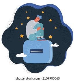 Cartoon vector illustration of depressed man sitting at minus sign. Sad in night concept on dark backround.