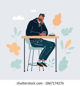 Cartoon vector illustration of Depressed Young sad man sitting at the Table in cafe on white background.