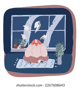 Ilustración vectorial de dibujos animados del concepto de depresión. Retrato de un negro disgustado sentado en el suelo sobre fondo oscuro
