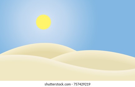 Cartoon vector illustration of a desert landscape under a clear blue sky with a hot sun - Flat design