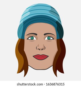 Cartoon vector illustration design. Character for your project. The woman in the blue hat. Portrait of attractive smiling female.