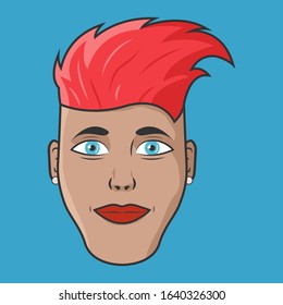 Cartoon vector illustration design. Character for your project. The woman with pink hair, earrings and red lips. Portrait of attractive female.
