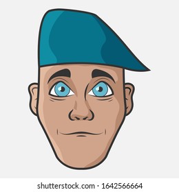 Cartoon vector illustration design. Character for your project. The man in the blue hat. Portrait of smiling man.