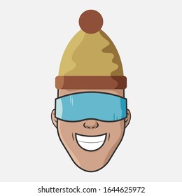 Cartoon vector illustration design. Character for your project. The man in the hat and snowboard goggles. Portrait of smiling man.