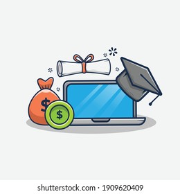 cartoon vector illustration design graduation cap, laptop and money bag. scholarship design concept. flat cartoon style