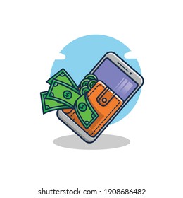 ilustración de dibujos animados de la cartera que contiene dinero y teléfono móvil. concepto de diseño de cartera electrónica. estilo de dibujos animados planos
