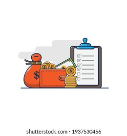 Cartoon Vektorgrafik Design der Geldbörse mit Geld, Geldbeutel und Finanzliste-Board. Konzept für die Erstellung von Finanzlisten. flacher Cartoon-Stil