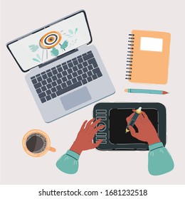 Cartoon vector illustration of designer or cg artist working place top view. Digitizer, tablet, notebook, pencil, laptop, cup of coffee, sketchbook.