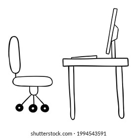 Cartoon vector illustration of desk with chair, monitor and computer. Black outlined and white colored.