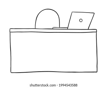 Cartoon vector illustration of desk and laptop. Black outlined and white colored.