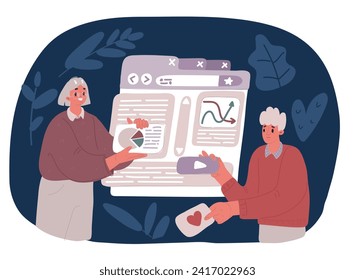 Cartoon vector illustration of desktop UI design web infographic concept. Crane micro people creating interface on computer. User interface experience, usability, mockup, over dark backround