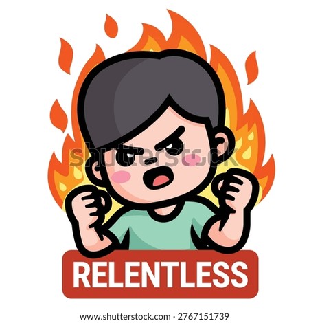 Cartoon Vector Illustration of a Determined Boy with Fire Background and Relentless Icon