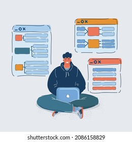 Cartoon vector illustration of developer with laptop sitting in lotus pose.