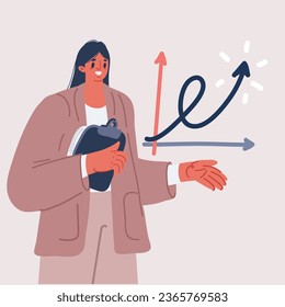 Cartoon vector illustration of Development, Rising, positive growing. Confident businessman hold development arrow meaning success in business