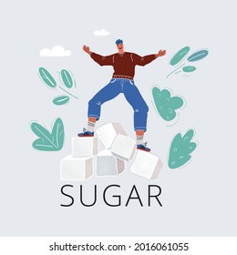 Cartoon vector illustration of diabetes concept. Man balanced on big sugarcube on white.