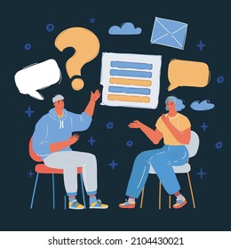 Cartoon vector illustration of dialogue people on dark backround.