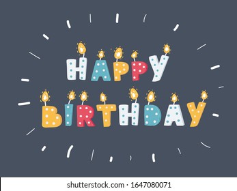 Cartoon vector illustration of Different color birthday candles letters with burning flames isolated on dark background.