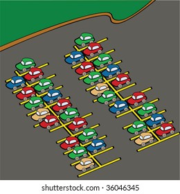 Cartoon vector illustration of different colored cars on a parking lot