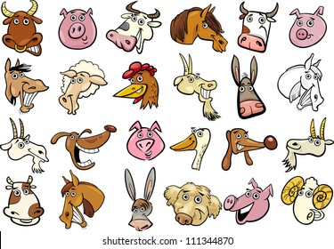 Cartoon Vector Illustration Of Different Funny Farm Animals Heads Huge Set