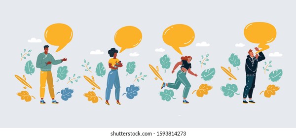 Cartoon vector illustration of different people with dialog speech bubbles. Man and woman on white.