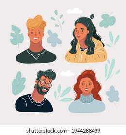 Cartoon vector illustration different people faces on white background. Chating, video call, and avatar of man and woman on white.