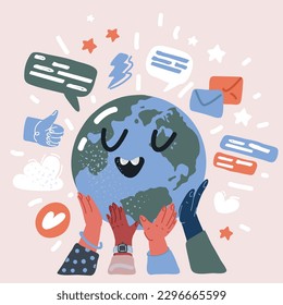 Cartoon vector illustration of Different race hands holding globe.Earth day concept. Saving the planet together