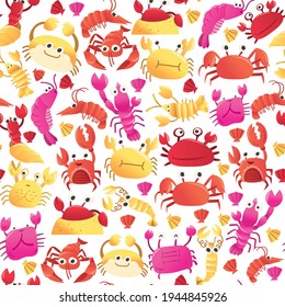 A cartoon vector illustration of different various crabs, lobsters and shimps seamless pattern background.