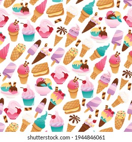 A cartoon vector illustration of different various ice creams, sundaes and ice popsicles seamless pattern background.