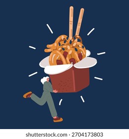 Ilustración vectorial de dibujos animados de la hora de la cena. Fideos chinos, WOK. Delicioso. Mujer con caja de fideos sobre fondo oscuro