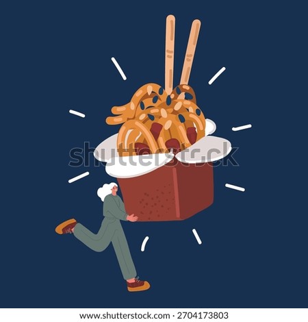 Cartoon vector illustration of Dinner time. Chinese noodles, WOK. Delicious. Woman with noodle box over dark background