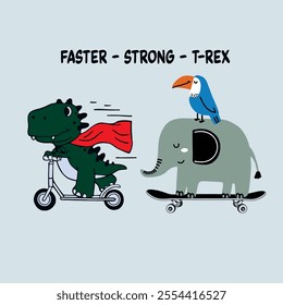 cartoon vector illustration of dinosaurs playing skate with friends with typography. for kids t-shirt