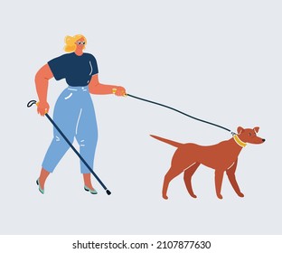 Cartoon vector illustration of Disability blind person walk with stick and guide dog isolated over white background