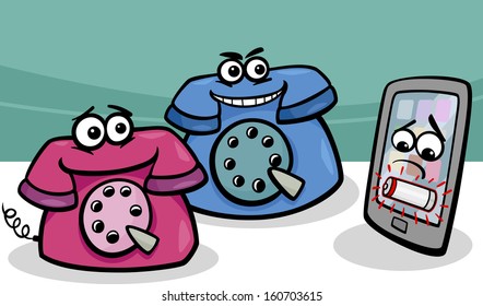 Cartoon Vector Illustration of Discharged Smart Phone or Mobile and Retro Phones Laughing