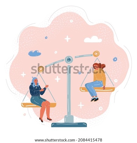 Cartoon vector illustration of Discrimination and enequal inequality. Job, envious, jealousy, low self-esteem. Comparing herself to others person on white background.