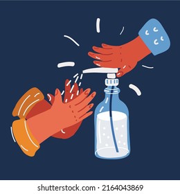 Cartoon vector illustration of Disinfection concept. Liquid soap with pumping from bottle. Applying a moisturizing sanitizer. Person washing hands over dark background.