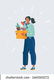 Cartoon vector illustration of Dismissed frustrated female person holding a box with his things. Unemployment, crisis, jobless and employee job reduction concept. Human character on white.