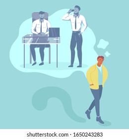 Cartoon Vector Illustration. Dismissed Sad Man Dreams/Remembers aboute Work. Dismissal, Unemployment, Crisis, Jobless and Employee Job Reduction Concept