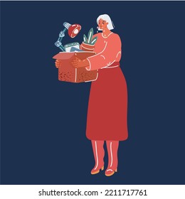 Cartoon vector illustration of dismissing an employee. Dejected fired office worker carrying a box full of belongings. Getting fired concept over dark backround