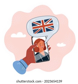 Cartoon vector illustration of distance learning, online learning, choice of english language , exam preparation, home schooling. education podcast. Speaking with native speaker