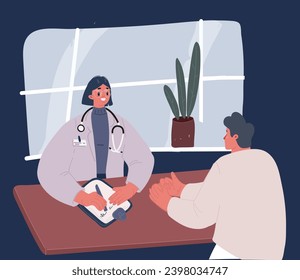 Cartoon vector illustration of Diverse expert team of doctors in web browser windows discuss medicine healthcare issues concept. Doctor's appointment over dark backround