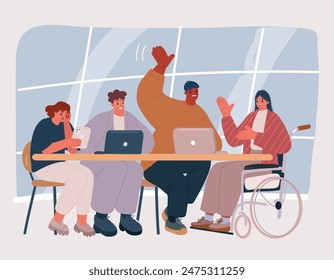 Cartoon-Vektorillustration der vielfältigen Gruppe von Menschen, Unternehmern oder Büroangestellten isoliert auf weißem Hintergrund. Multinationales Unternehmen. Männer und Frauen zusammen. Rollstuhlfahrer. Schülerteam.
