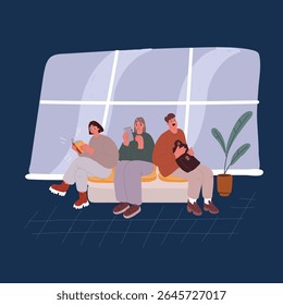 Ilustração vetorial de desenhos animados de grupo diverso de pessoas esperando no lobby de recepção do hospital para participar da consulta médica com o clínico geral. Pacientes no lobby da sala de espera sentados no sistema de saúde