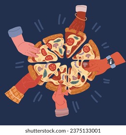 Cartoon vector illustration of Diverse male and female hands taking triangle pizza slices from box on table. Top view of Italian fast food at corporate party. Hungry friends eating fast food together 