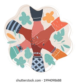 Cartoon Vector Illustration Of Diverse Multiethnic People Teamwork Concept. Friends Hands Get Together.