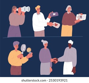 Cartoon vector illustration of Diverse multiracial and multicultural group of people. Young HR team using binoculars, magnifier, woman with binoculars, socila media, graph, handshake, modern team 